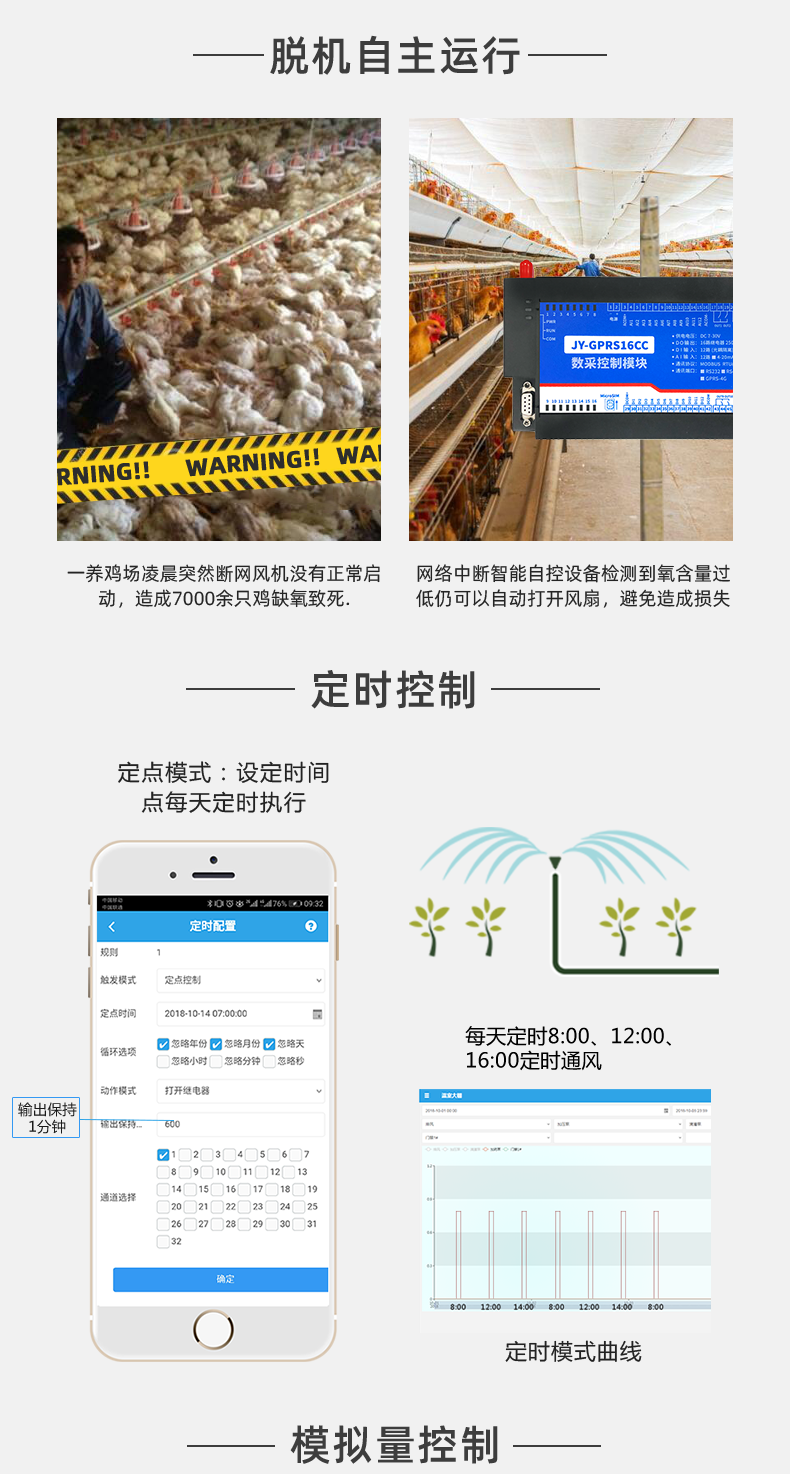 16路溫室大棚/漁業(yè)養(yǎng)殖云平臺(tái)遠(yuǎn)程監(jiān)測(cè)系統(tǒng)基礎(chǔ)版脫機(jī)自控，定時(shí)控制